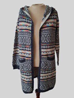 Monteau Los Angeles Hooded Knit Cardigan Size M – Geometric Pattern